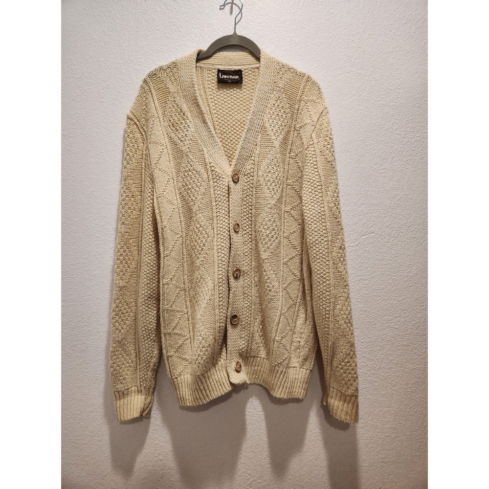 Vintage Lahmer Cable Knit Cardigan Cream USA Made Grandpa Sweater Mens S